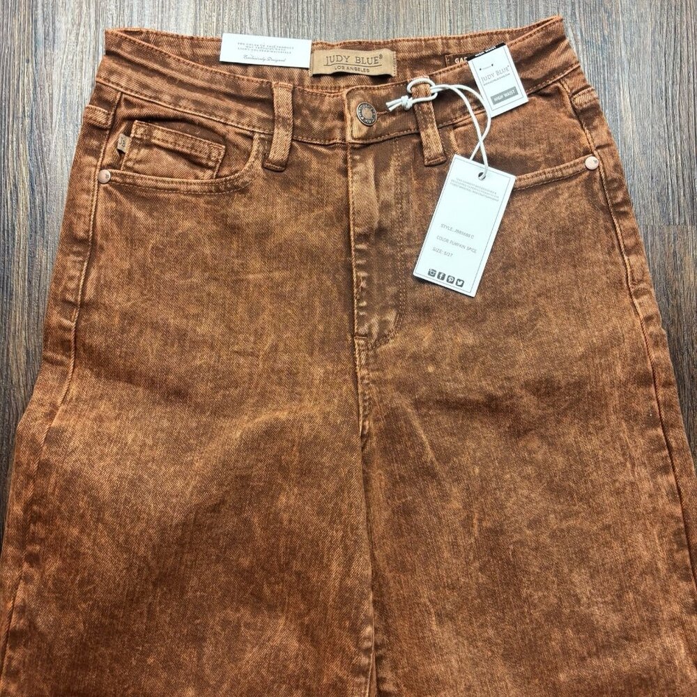 NWT Judy Blue Retro Wide Leg Jeans Garment Dyed Pumpkin Spice Raw Hem Size 5/27 - Picture 3 of 14